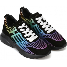 Hogan Sneakers schuhe mit Keil für Frauen aus schwarzem Leder mit mehrfarbigem Design