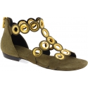 Barbara Bui Flache Damen sandalen aus hellbraunem Wildleder mit goldenen Nieten