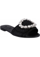Dolce & Gabbana Flache Damen sandalen aus schwarzem Bast mit Kristallen