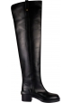 Valentino Damen-Overknee-Stiefel mit eckigem Absatz aus schwarzem Leder mit goldenem Logo
