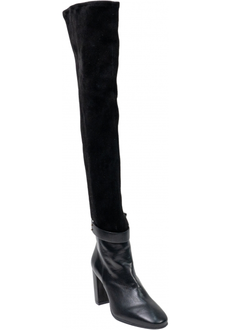 Stuart Weitzman Overknee-Stiefel aus schwarzem Leder und Wildleder mit Absatz und Reißverschluss
