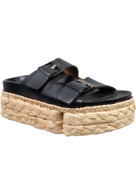 Clergerie Damen-Slip-On-Sandalen aus Bast mit Keilabsatz aus schwarzem Leder mit Schnallen