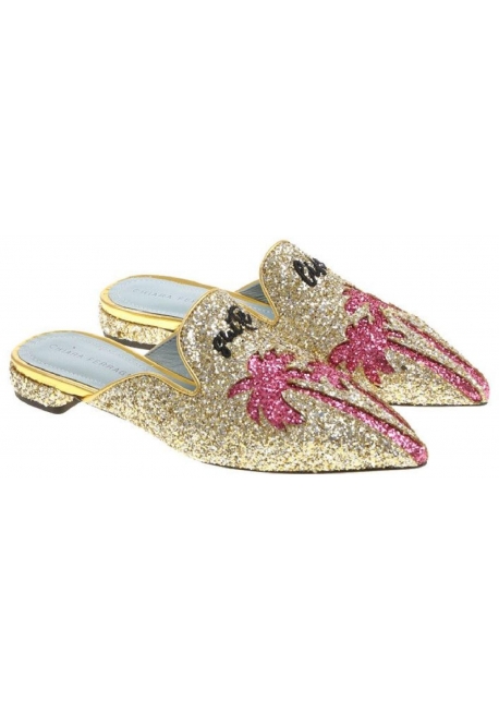 Chiara Ferragni Flats spitzen Pantoletten aus Gold mit Glitzer